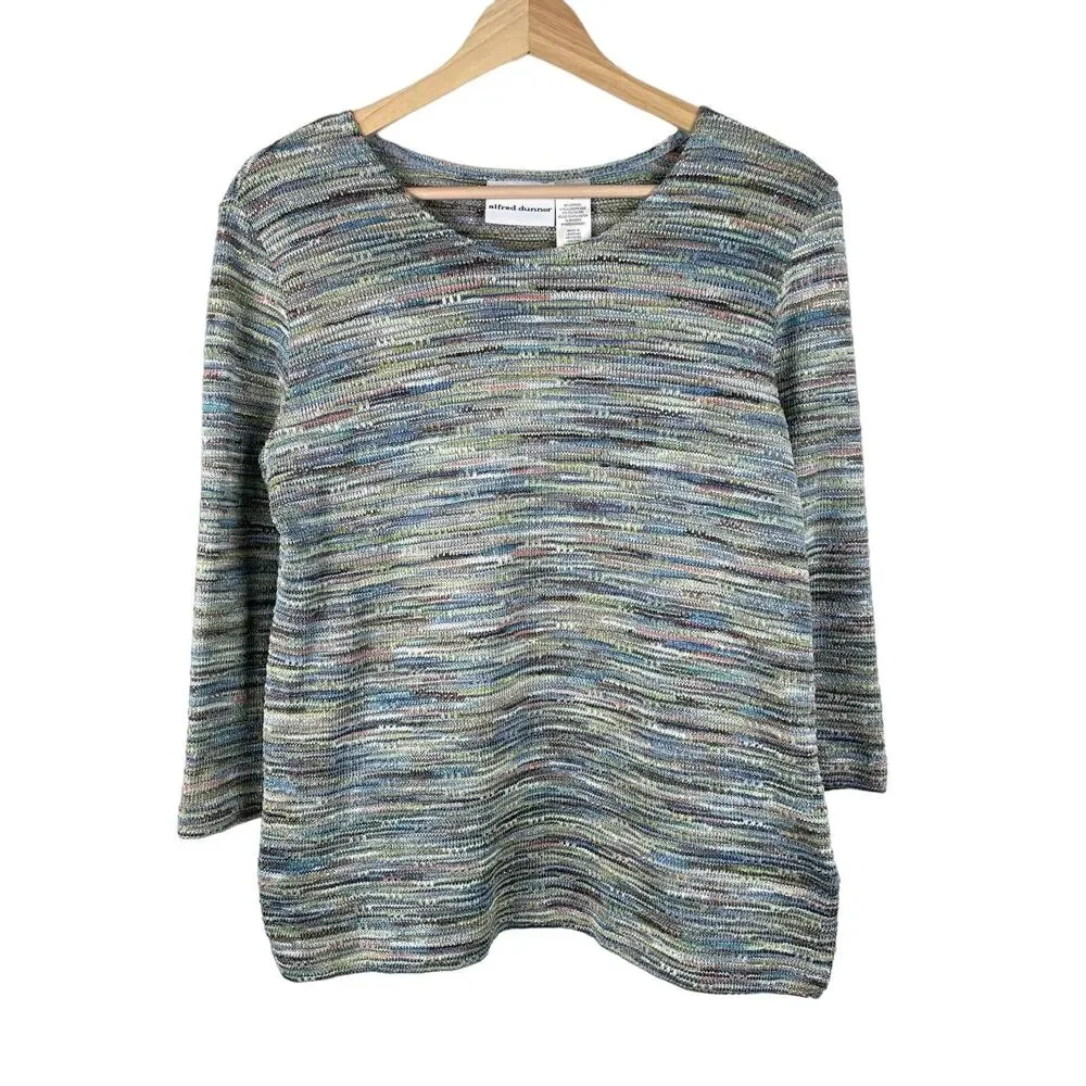 Vintage Alfred Dunner Blue Multicolor Knit Sweater 3/4 Sleeves Mermaid Size S